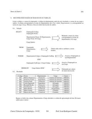 Banco de Dados I
Curso: Ciências da Computação – UCG V0 Prof: Ivon Rodrigues Canedo
101
8. RECUPERANDO DADOS DE MAIS DE DUAS TABELAS.
Listar o código e o nome do empregado, o código do departamento onde ele está vinculado e o nome do seu cargo e
salário. A coluna correspondente ao nome do departamento deve Ter o título: Departamento e a correspondente ao
nome do cargo: Cargo. Mostrar a lista em ordem decrescente de salário.
8.1. Solução
SELECT Empregado.Codigo,
Empregado.Nome,
Departamento.Nome AS Departamento,
Cargo.Nome AS Cargo,
Cargo.Salario
FROM Empregado,
Departamento,
Cargo
WHERE Departamento.Codigo = Empregado.CodDep
AND
Empregado.CodCargo = Cargo.Codigo
ORDER BY Cargo.Salario DESC
8.2. Resultado
Repare os títulos das colunas Departamento e Cargo alterados e a ordem de apresentação da lista. Do maior
salário para o menor.
Mudando o título da coluna
correspondente ao nome do
departamento e do cargo
Tabela onde estão os atributos a serem
listados
Associa o Empregado ao
seu Departamento
Ordenando por salario
de modo decrescente
Associa o Empregado ao
seu Cargo
Codigo Nome Departamento Cargo Salario
003 Marcio Francisco Financeiro Analista de Sistemas 4000,00
005 Francisco Carlos Engenharia Analista de Sistemas 4000,00
009 Ferreira Fado Financeiro Analista de Sistemas 4000,00
002 Carla Figueiredo Engenharia Advogado 3000,00
006 Rezende Rocha Financeiro Advogado 3000,00
008 José Ferreira Engenharia Advogado 3000,00
004 Maria Bonita Comercial Programador 1500,00
001 Maria Araujo Financeiro Contador 1000,00
007 Marcia dos Anos Comercial Contador 1000,00
 