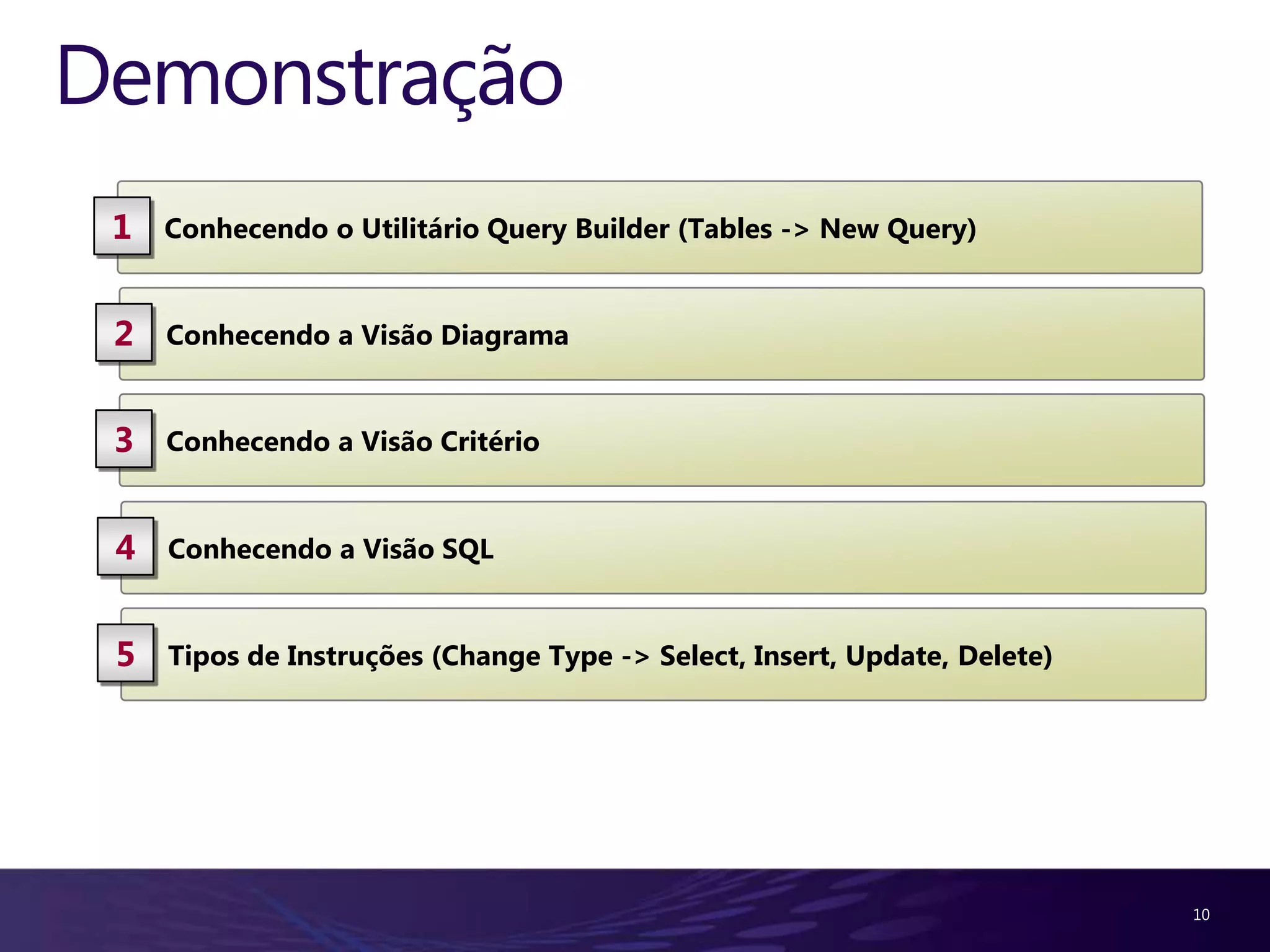7Visual Studio é um Ambiente de DesenvolvimentoIntegrado1 Server Explorer: Conexões SGBD, MapearMáquinas e SharePoint Query Builder: Selecionar, Inserir, Alterar, Excluirregistros de Tabelas23Visual Studio 2010Considerações:OBS: Podemossubstituir a ferramenta SQL Server Management Studio pelaJanela Server Explorer e o utilitário Query Builder