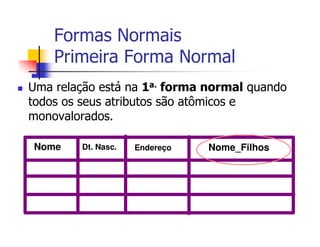Formas Normais
    Primeira Forma Normal
Uma relação está na 1a. forma normal quando
todos os seus atributos são atômicos e
monovalorados.

Nome    Dt. Nasc.   Endereço   Nome_Filhos
 