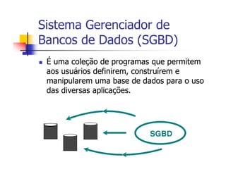Sistema Gerenciador de
Bancos de Dados (SGBD)
 É uma coleção de programas que permitem
 aos usuários definirem, construírem e
 manipularem uma base de dados para o uso
 das diversas aplicações.




                           SGBD
 