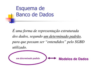 Esquema de
  Banco de Dados

É uma forma de representação estruturada
dos dados, segundo um determinado padrão,
para que possam ser “entendidos” pelo SGBD
utilizado.

  um determinado padrão    Modelos de Dados
 