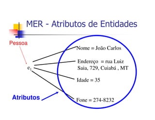 MER - Atributos de Entidades

Pessoa
                 Nome = João Carlos

                 Endereço = rua Luiz
     e1          Saia, 729, Cuiabá , MT

                 Idade = 35


Atributos        Fone = 274-8232
 