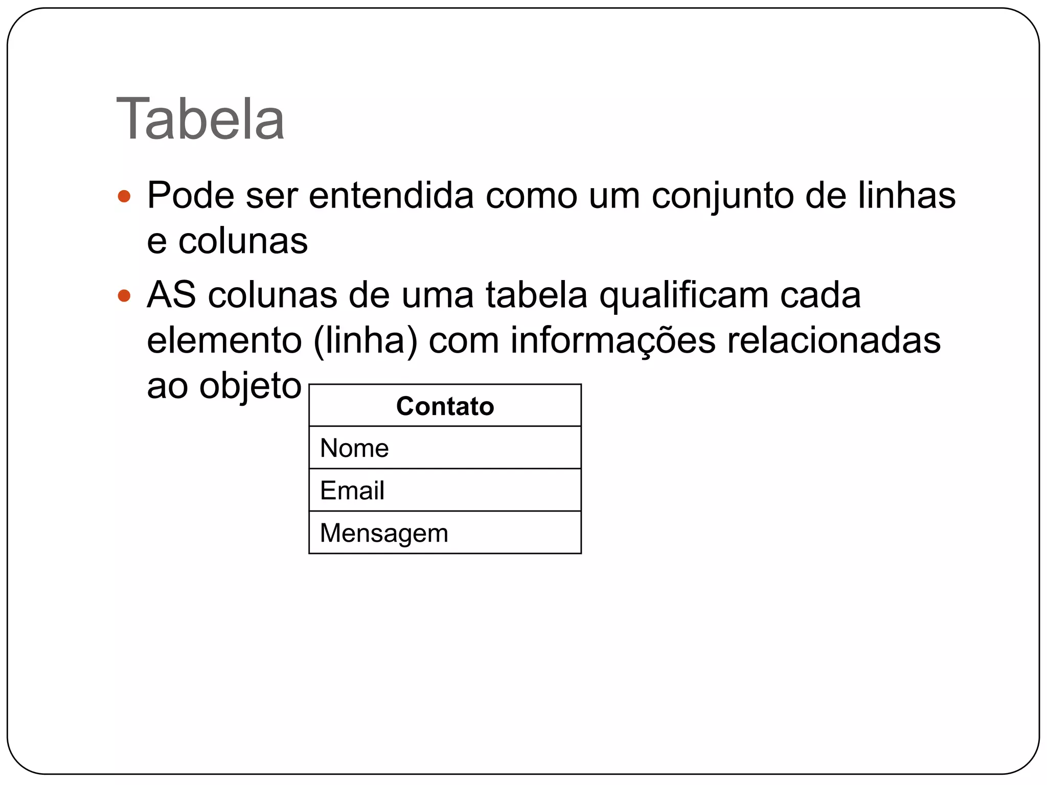 Tabela
 Pode ser entendida como um conjunto de linhas
  e colunas
 AS colunas de uma tabela qualificam cada
  elemento (linha) com informações relacionadas
  ao objeto      Contato
           Nome
           Email
           Mensagem
 