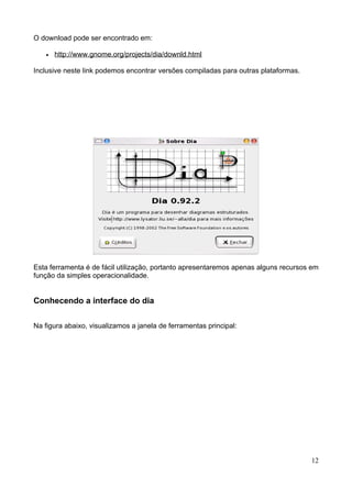 O download pode ser encontrado em:

    •   http://www.gnome.org/projects/dia/downld.html

Inclusive neste link podemos encontrar versões compiladas para outras plataformas.




Esta ferramenta é de fácil utilização, portanto apresentaremos apenas alguns recursos em
função da simples operacionalidade.


Conhecendo a interface do dia

Na figura abaixo, visualizamos a janela de ferramentas principal:




                                                                                     12
 