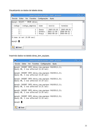 Visualizando os dados da tabela obras.




Inserindo dados na tabela obras_tem_equipes.




                                               33
 