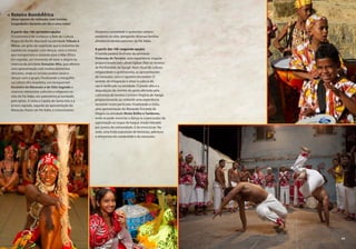 Roteiro BombÁfrica
(duas opções de visitação, com turistas
hospedados durante um dia e uma noite)
A partir das 16h (primeira opção)
O momento é de conhecer o Balé de Cultura
Negra do Recife (Bacnaré) na atividade Tributo à
África, um grito de negritude que é sinônimo de
espetáculo singular, com danças, sons e ritmos
que transportam o visitante para a Mãe África.
Em seguida, um momento de lazer e alegria na
vivência da atividade Emoções Afro, que oferece
uma apresentação com muitos elementos
africanos, onde os turistas podem tocar e
dançar com o grupo. Finalizando o mergulho
na cultura afro-brasileira, um inesquecível
Encontro do Maracatu e do Sítio Sagrado a
vivenciar elementos culturais e religiosos no
sítio de Pai Adão, um patrimônio já tombado
pelo Iphan. A visita à Capela de Santa Inês e à
árvore sagrada, seguida da apresentação do
Maracatu Raízes de Pai Adão, é emocionante.
Desperta curiosidade o quilombo urbano
existente no sítio, abrigando diversas famílias
afrodescendentes parentes de Pai Adão.
A partir das 16h (segunda opção)
O turista poderá desfrutar da atividade
Vivências do Terreiro, uma experiência singular
proporcionada pelo afoxé Ogbon Obá no terreiro
de Pai Everaldo de Xangô. Num ritual de cultura,
religiosidade e gastronomia, as apresentações
de maracatu, coco e capoeira encantam. O
sentido de integração e amor à cultura de
raiz é verificado na atividade. O ponto alto é a
degustação da comida de santo ofertada pela
culinarista de terreiro Carmem Virgínia de Xangô,
proporcionando ao visitante uma experiência
sensorial muito particular. Finalizando a visita,
uma apresentação do Maracatu Encanto da
Alegria na atividade Muito Brilho e Tambores,
onde se pode vivenciar a dança (e a percussão) da
agremiação ao toque do baque virado liderado
por jovens da comunidade. É de emocionar. Na
sede, uma linda exposição de fantasias, adereços
e elementos do candomblé e do maracatu.
59
 