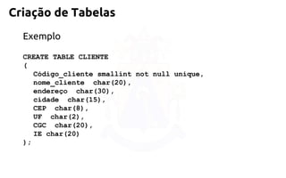 Criação de Tabelas 
Exemplo 
CREATE TABLE CLIENTE 
( 
Código_clientesmallint not null unique, 
nome_cliente char(20), 
endereço char(30), 
cidade char(15), 
CEP char(8), 
UF char(2), 
CGC char(20), 
IEchar(20) 
);  