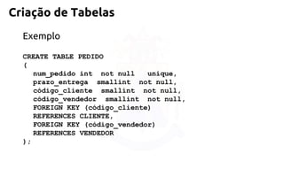 Criação de Tabelas 
Exemplo 
CREATE TABLE PEDIDO 
( 
num_pedidoint not null unique, 
prazo_entrega smallint not null, 
código_cliente smallint not null, 
código_vendedor smallint not null, 
FOREIGN KEY (código_cliente) 
REFERENCES CLIENTE, 
FOREIGN KEY (código_vendedor) 
REFERENCES VENDEDOR 
);  