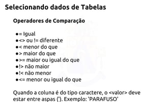Selecionando dados de Tabelas 
Operadores de Comparação 
●= Igual 
●<> ou != diferente 
●< menor do que 
●> maior do que 
●>= maior ou igual do que 
●!> não maior 
●!< não menor 
●<= menor ou igual do que 
Quando a coluna é do tipo caractere, o <valor> deve estar entre aspas ('). Exemplo: 'PARAFUSO'  
