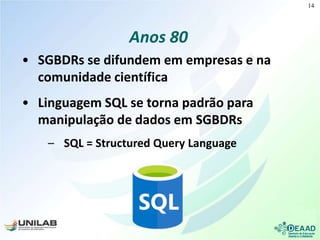 Anos 80
• SGBDRs se difundem em empresas e na
comunidade científica
• Linguagem SQL se torna padrão para
manipulação de dados em SGBDRs
– SQL = Structured Query Language
14
 