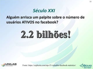 Século XXI
Alguém arrisca um palpite sobre o número de
usuários ATIVOS no facebook?
Fonte: https://zephoria.com/top-15-valuable-facebook-statistics/
15
 