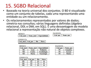 15. SGBD Relacional
• Baseado na teoria universal dos conjuntos. O BD é visualizado
como um conjunto de tabelas, cada uma representando uma
entidade ou um relacionamento.
• Os relacionamentos representados por valores de dados;
simetria nas consultas; várias linguagens definidas (álgebra
relacional, DDL e DML em SQL). É uma desvantagem do modelo
relacional a representação não natural de objetos complexos.
 