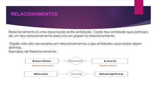 RELACIONAMENTOS 
Relacionamento é uma associação entre entidades Cada tipo entidade que participa 
de um tipo relacionamento executa um papel no relacionamento. 
Papéis não são necessários em relacionamentos cujas entidades associadas sejam 
distintas. 
Exemplos de Relacionamento : 
 