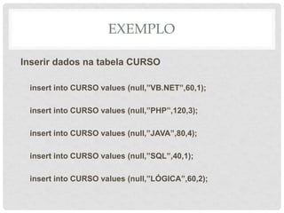 EXEMPLO
Inserir dados na tabela CURSO
insert into CURSO values (null,”VB.NET”,60,1);
insert into CURSO values (null,”PHP”,120,3);
insert into CURSO values (null,”JAVA”,80,4);
insert into CURSO values (null,”SQL”,40,1);
insert into CURSO values (null,”LÓGICA”,60,2);
 