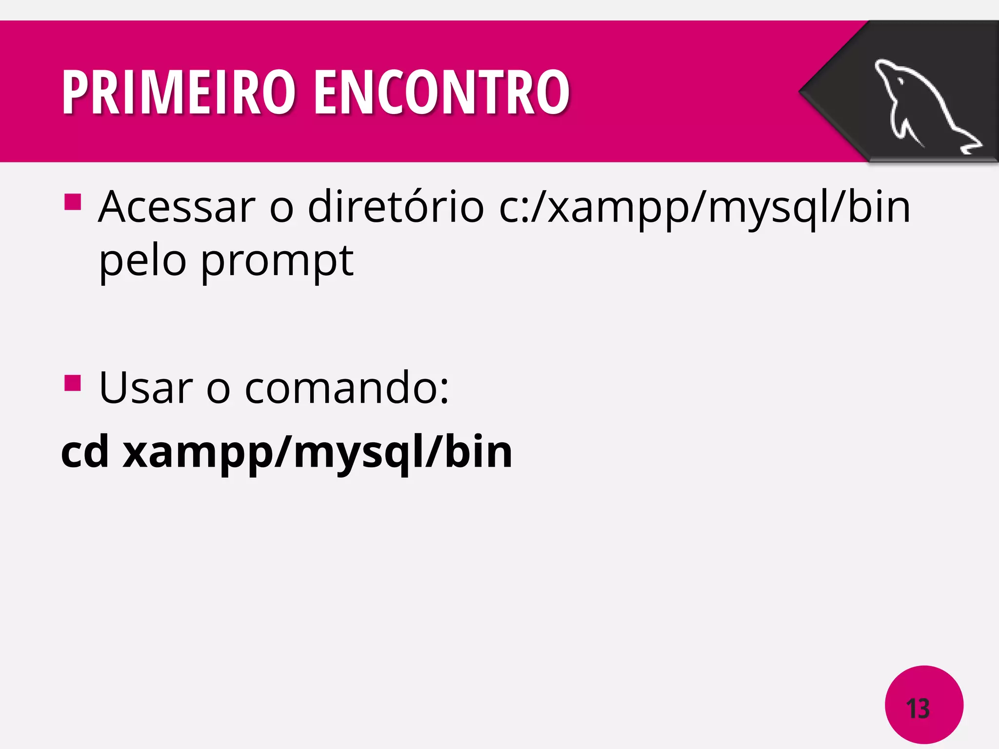 PRIMEIRO ENCONTRO
 Acessar o diretório c:/xampp/mysql/bin
pelo prompt

 Usar o comando:
cd xampp/mysql/bin

13

 