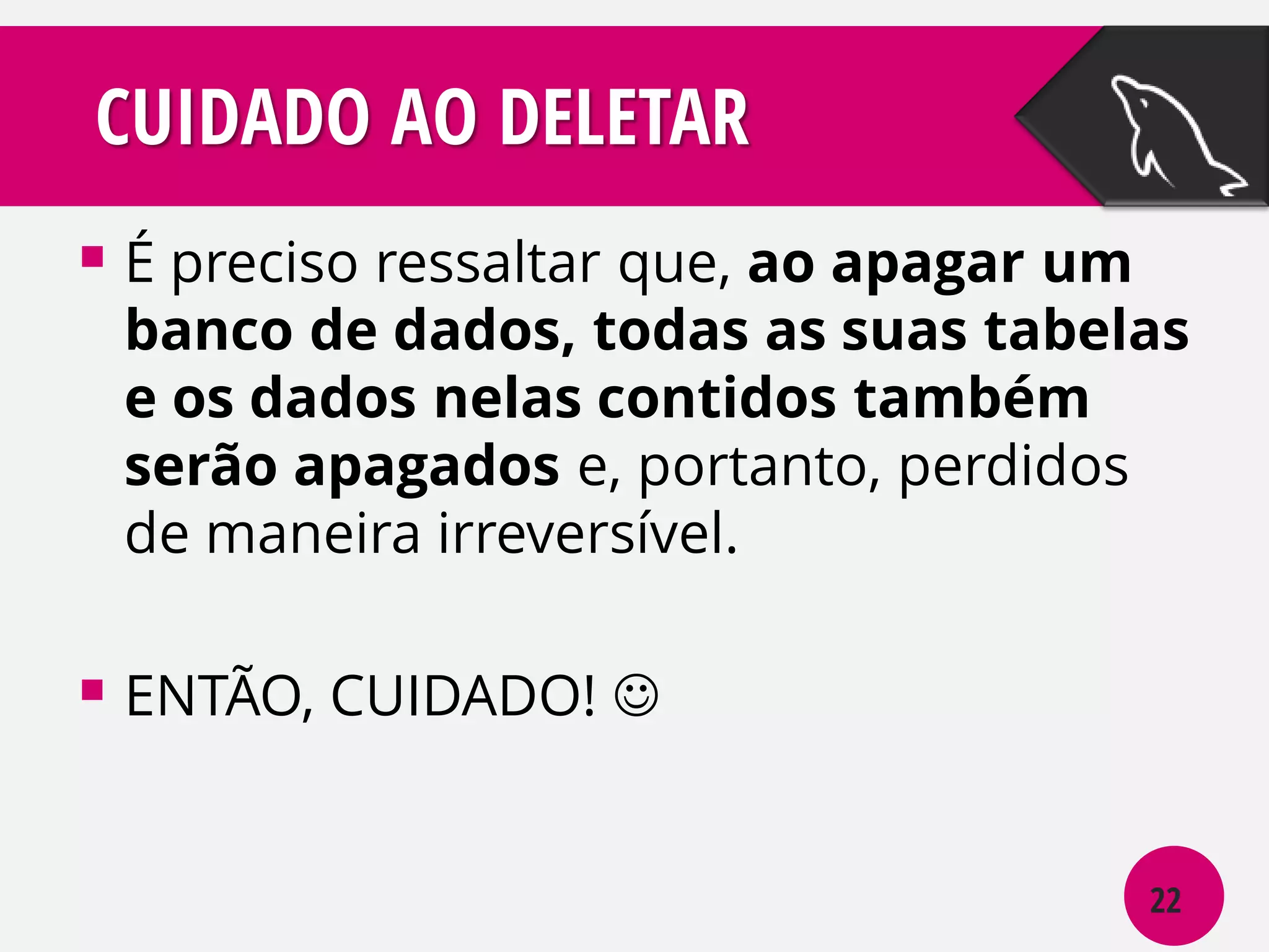CUIDADO AO DELETAR
 É preciso ressaltar que, ao apagar um

banco de dados, todas as suas tabelas
e os dados nelas contidos também
serão apagados e, portanto, perdidos
de maneira irreversível.

 ENTÃO, CUIDADO! 
22

 