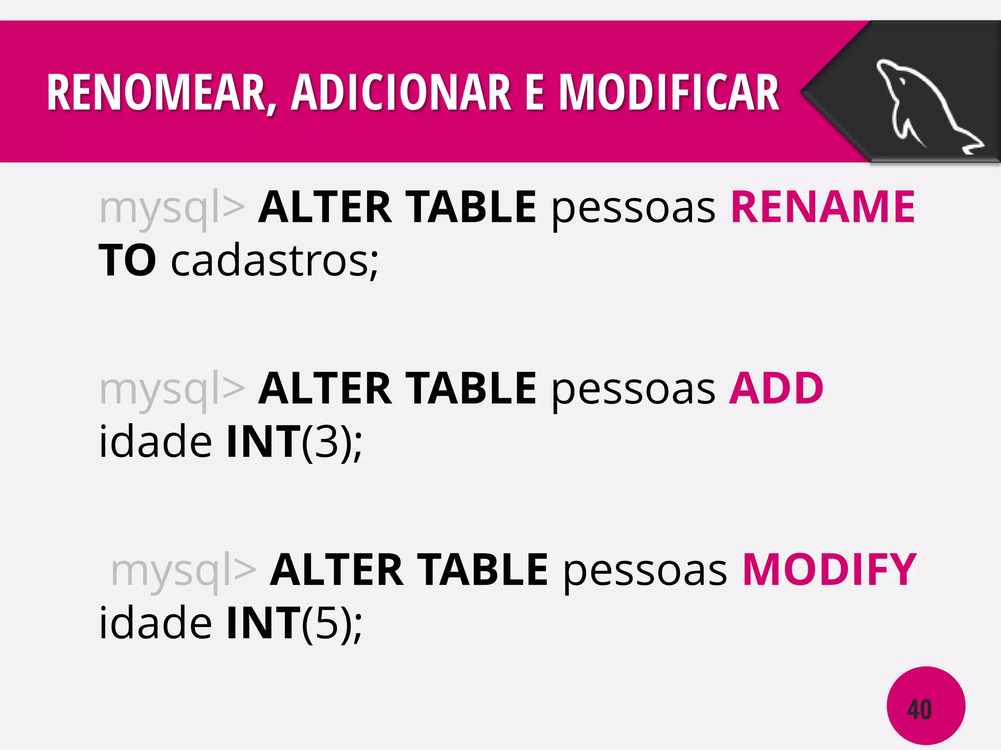 RENOMEAR, ADICIONAR E MODIFICAR
mysql> ALTER TABLE pessoas RENAME
TO cadastros;
mysql> ALTER TABLE pessoas ADD
idade INT(3);

mysql> ALTER TABLE pessoas MODIFY
idade INT(5);
40

 