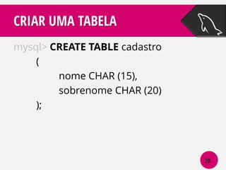 CRIAR UMA TABELA
mysql> CREATE TABLE cadastro
(
nome CHAR (15),
sobrenome CHAR (20)
);

28

 