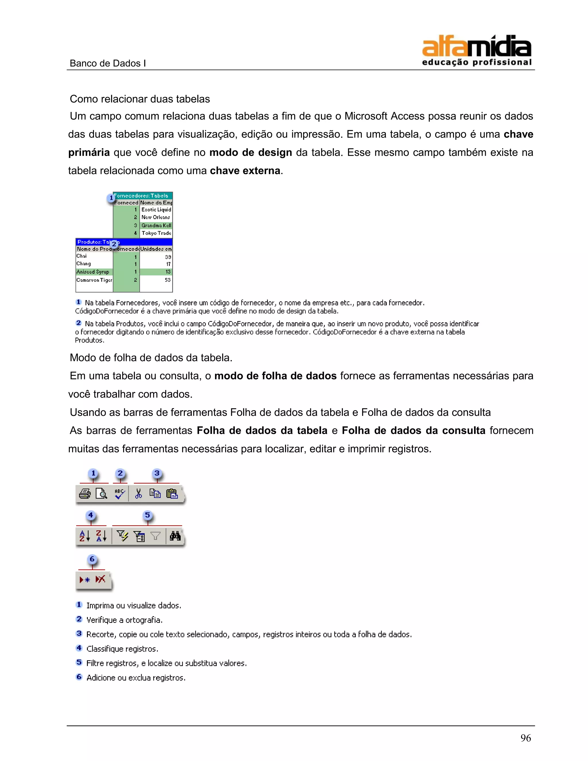 Banco de Dados I 
96 
Como relacionar duas tabelas 
Um campo comum relaciona duas tabelas a fim de que o Microsoft Access possa reunir os dados das duas tabelas para visualização, edição ou impressão. Em uma tabela, o campo é uma chave primária que você define no modo de design da tabela. Esse mesmo campo também existe na tabela relacionada como uma chave externa. 
Modo de folha de dados da tabela. 
Em uma tabela ou consulta, o modo de folha de dados fornece as ferramentas necessárias para você trabalhar com dados. 
Usando as barras de ferramentas Folha de dados da tabela e Folha de dados da consulta 
As barras de ferramentas Folha de dados da tabela e Folha de dados da consulta fornecem muitas das ferramentas necessárias para localizar, editar e imprimir registros.  