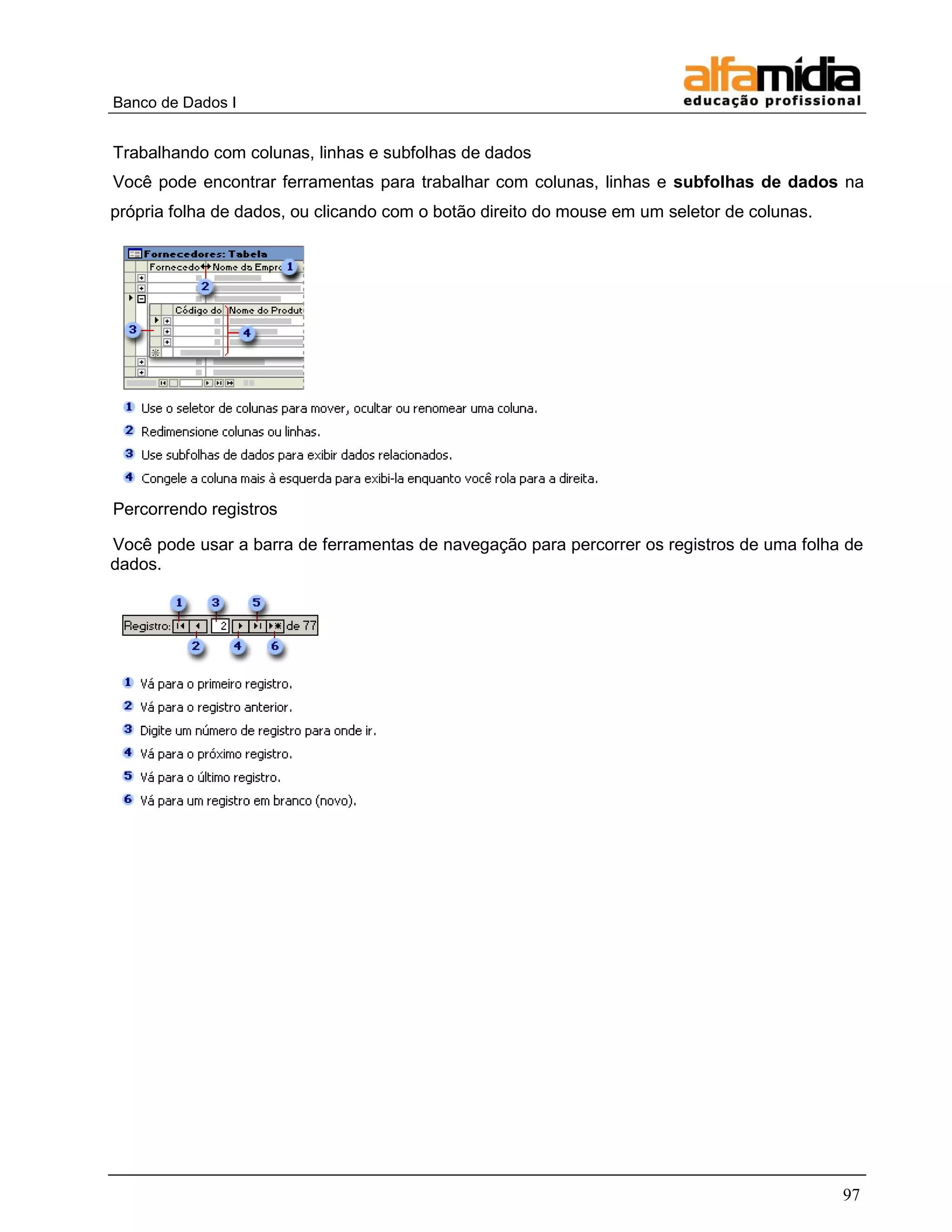 Banco de Dados I 
97 
Trabalhando com colunas, linhas e subfolhas de dados 
Você pode encontrar ferramentas para trabalhar com colunas, linhas e subfolhas de dados na própria folha de dados, ou clicando com o botão direito do mouse em um seletor de colunas. 
Percorrendo registros 
Você pode usar a barra de ferramentas de navegação para percorrer os registros de uma folha de dados. 
 