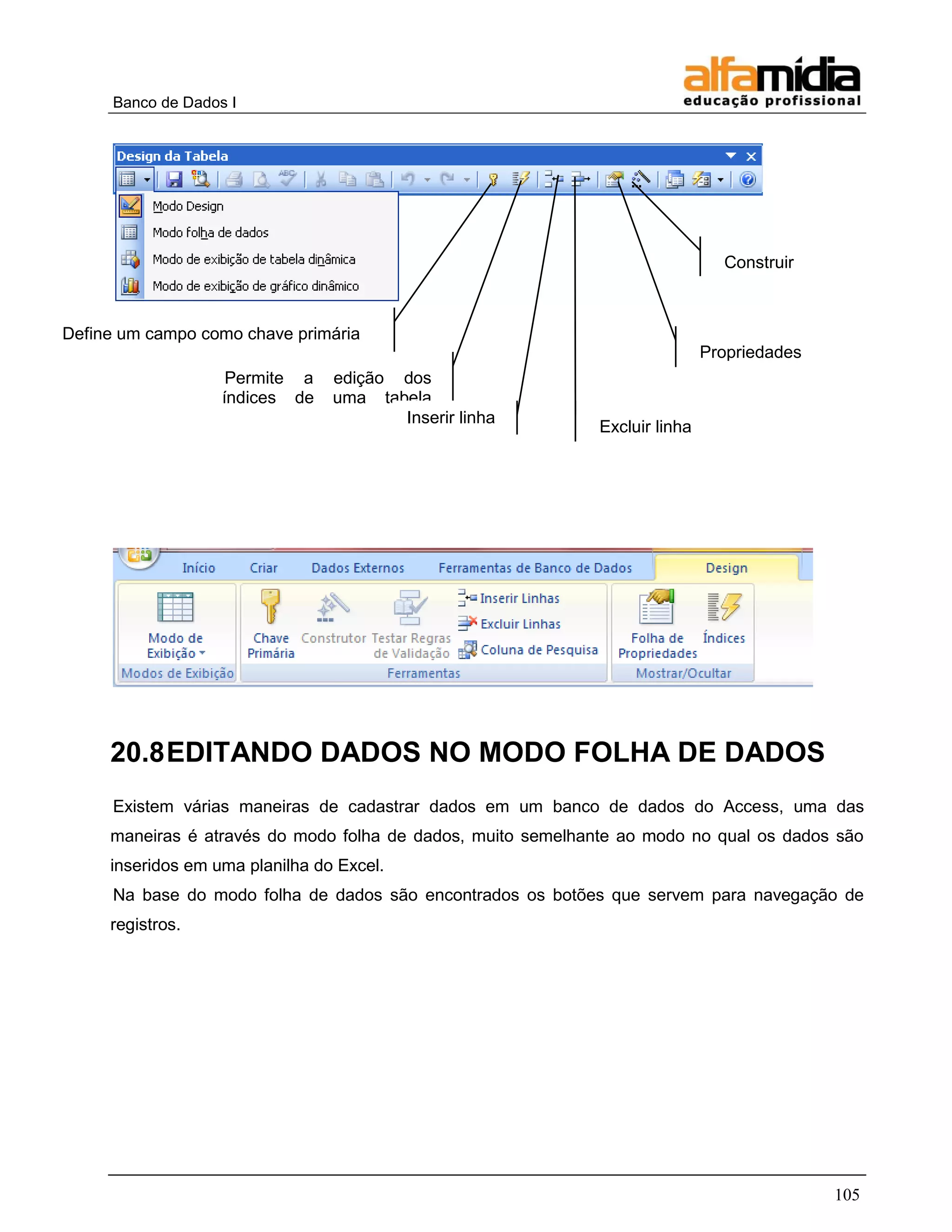 Banco de Dados I 
105 
20.8 EDITANDO DADOS NO MODO FOLHA DE DADOS 
Existem várias maneiras de cadastrar dados em um banco de dados do Access, uma das maneiras é através do modo folha de dados, muito semelhante ao modo no qual os dados são inseridos em uma planilha do Excel. 
Na base do modo folha de dados são encontrados os botões que servem para navegação de registros. 
Define um campo como chave primária 
Permite a edição dos índices de uma tabela primária 
Inserir linha 
Excluir linha 
Propriedades 
Construir (Expressões)  