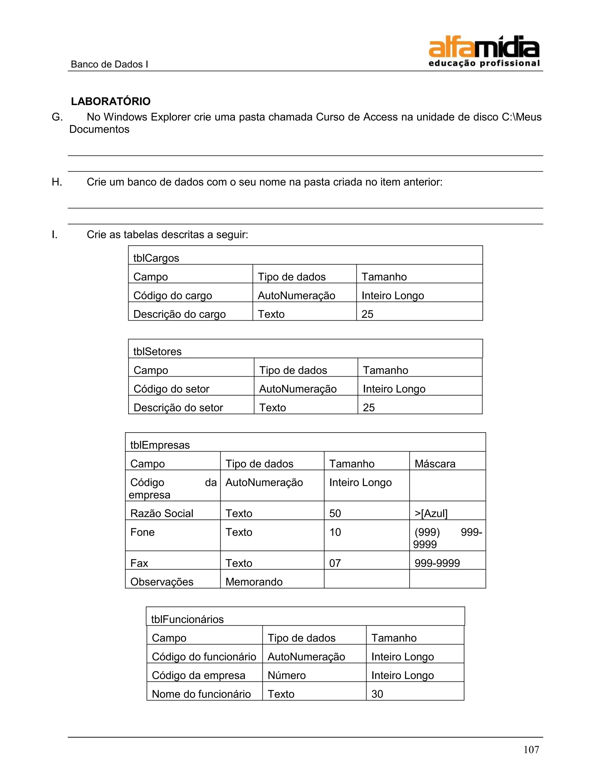 Banco de Dados I 
107 
LABORATÓRIO 
G. No Windows Explorer crie uma pasta chamada Curso de Access na unidade de disco C:Meus Documentos 
H. Crie um banco de dados com o seu nome na pasta criada no item anterior: 
I. Crie as tabelas descritas a seguir: 
tblCargos 
Campo 
Tipo de dados 
Tamanho 
Código do cargo 
AutoNumeração 
Inteiro Longo 
Descrição do cargo 
Texto 
25 
tblSetores 
Campo 
Tipo de dados 
Tamanho 
Código do setor 
AutoNumeração 
Inteiro Longo 
Descrição do setor 
Texto 
25 
tblEmpresas 
Campo 
Tipo de dados 
Tamanho 
Máscara 
Código da empresa 
AutoNumeração 
Inteiro Longo 
Razão Social 
Texto 
50 
>[Azul] 
Fone 
Texto 
10 
(999) 999- 9999 
Fax 
Texto 
07 
999-9999 
Observações 
Memorando 
tblFuncionários 
Campo 
Tipo de dados 
Tamanho 
Código do funcionário 
AutoNumeração 
Inteiro Longo 
Código da empresa 
Número 
Inteiro Longo 
Nome do funcionário 
Texto 
30  
