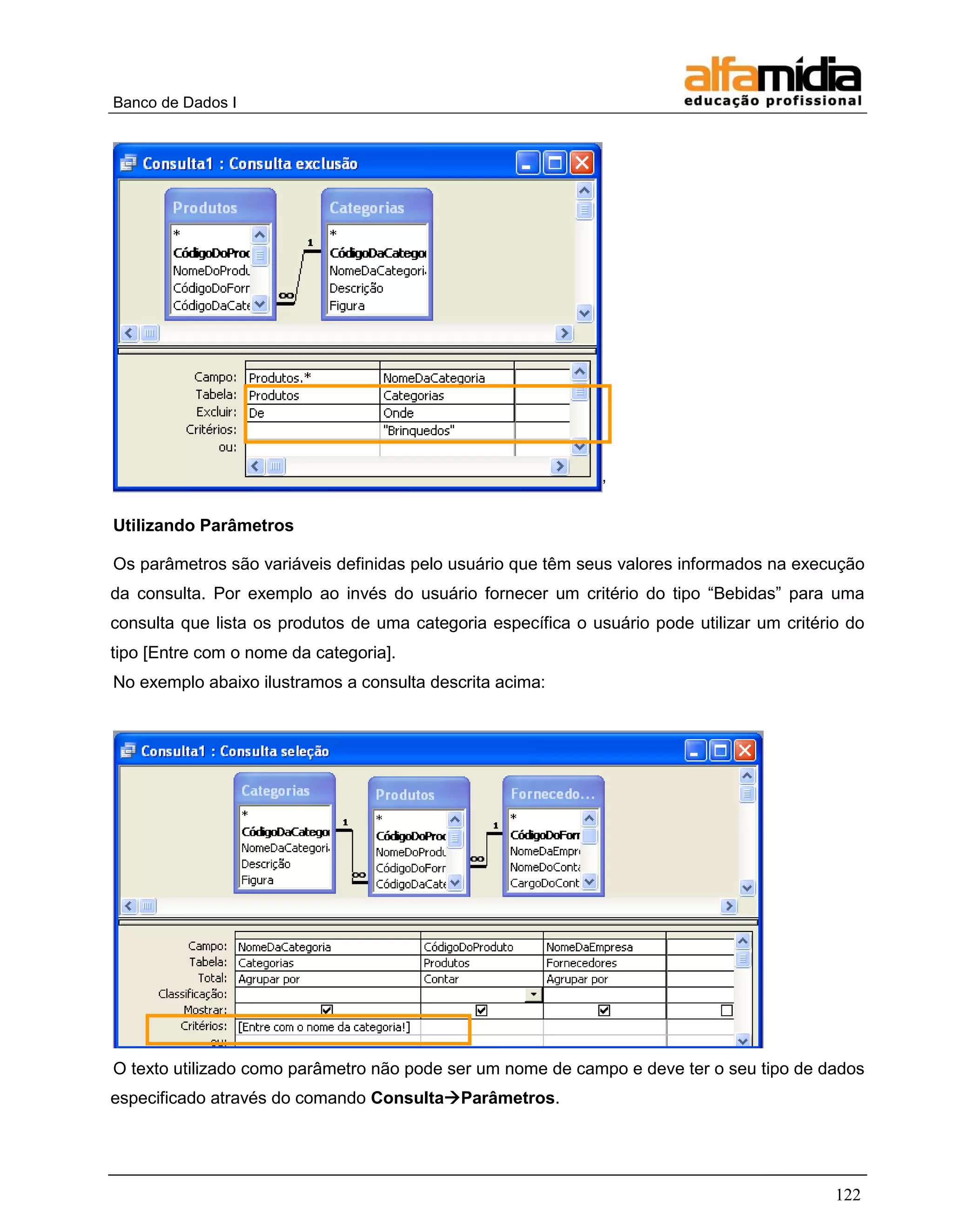 Banco de Dados I 
122 
‘ 
Utilizando Parâmetros 
Os parâmetros são variáveis definidas pelo usuário que têm seus valores informados na execução da consulta. Por exemplo ao invés do usuário fornecer um critério do tipo ―Bebidas‖ para uma consulta que lista os produtos de uma categoria específica o usuário pode utilizar um critério do tipo [Entre com o nome da categoria]. 
No exemplo abaixo ilustramos a consulta descrita acima: 
O texto utilizado como parâmetro não pode ser um nome de campo e deve ter o seu tipo de dados especificado através do comando ConsultaParâmetros.  