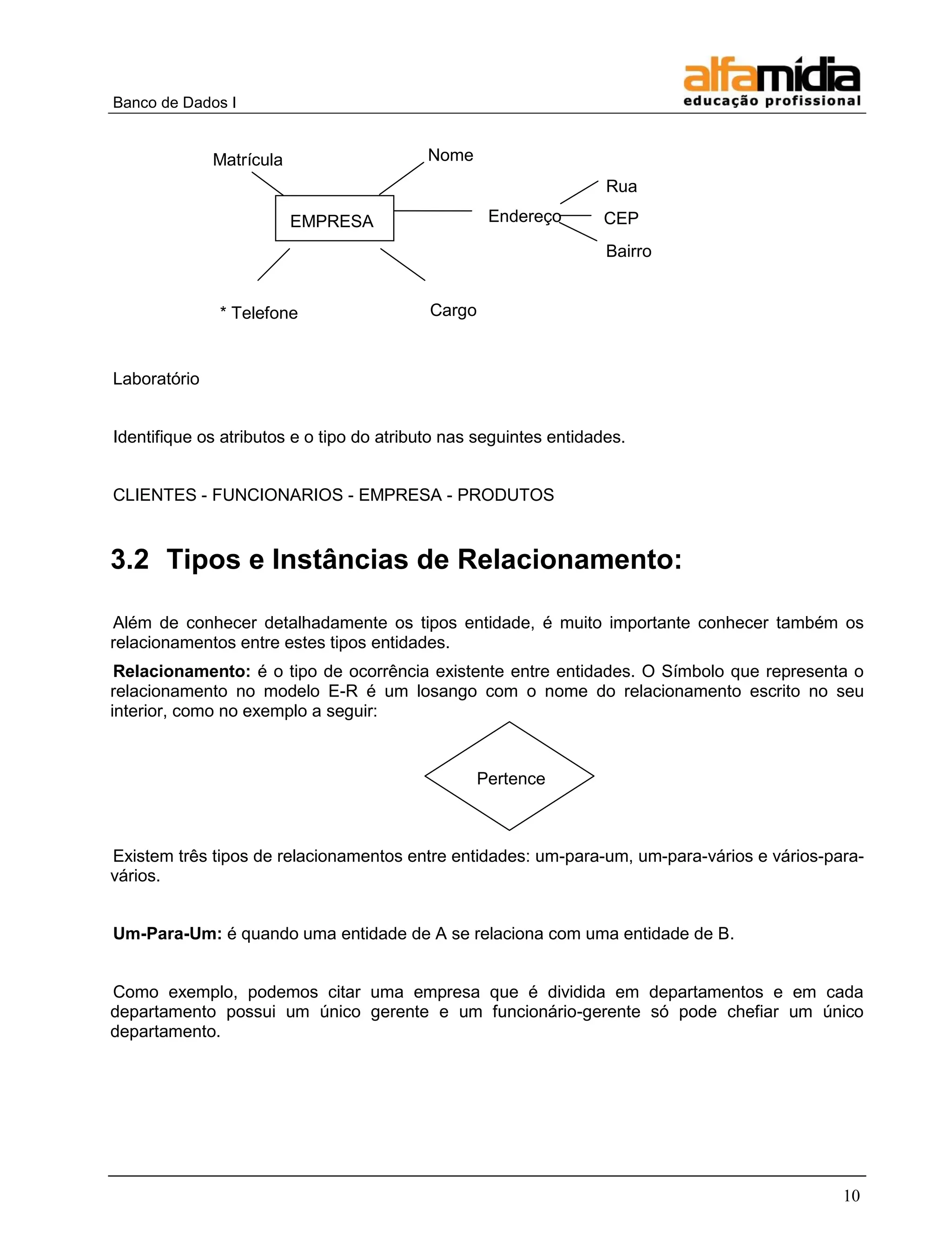 Banco de Dados I 
10 
Laboratório 
Identifique os atributos e o tipo do atributo nas seguintes entidades. 
CLIENTES - FUNCIONARIOS - EMPRESA - PRODUTOS 
3.2 Tipos e Instâncias de Relacionamento: 
Além de conhecer detalhadamente os tipos entidade, é muito importante conhecer também os relacionamentos entre estes tipos entidades. 
Relacionamento: é o tipo de ocorrência existente entre entidades. O Símbolo que representa o relacionamento no modelo E-R é um losango com o nome do relacionamento escrito no seu interior, como no exemplo a seguir: 
Existem três tipos de relacionamentos entre entidades: um-para-um, um-para-vários e vários-para- vários. 
Um-Para-Um: é quando uma entidade de A se relaciona com uma entidade de B. 
Como exemplo, podemos citar uma empresa que é dividida em departamentos e em cada departamento possui um único gerente e um funcionário-gerente só pode chefiar um único departamento. 
EMPRESA 
Endereço 
Rua 
CEP 
Bairro 
Nome 
Cargo 
Matrícula 
* Telefone 
Pertence 
 