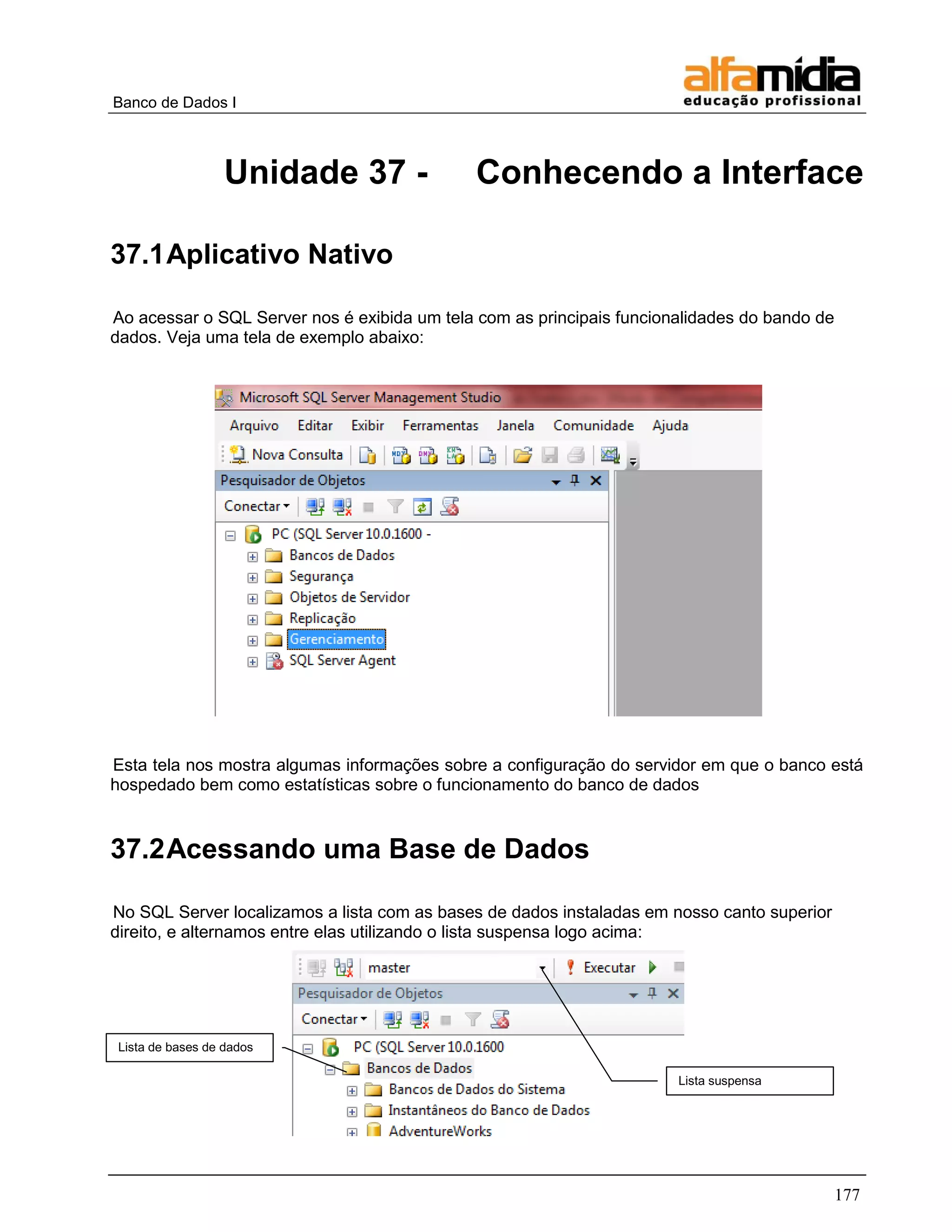 Banco de Dados I 
177 
Unidade 37 - Conhecendo a Interface 
37.1 Aplicativo Nativo 
Ao acessar o SQL Server nos é exibida um tela com as principais funcionalidades do bando de dados. Veja uma tela de exemplo abaixo: 
Esta tela nos mostra algumas informações sobre a configuração do servidor em que o banco está hospedado bem como estatísticas sobre o funcionamento do banco de dados 
37.2 Acessando uma Base de Dados 
No SQL Server localizamos a lista com as bases de dados instaladas em nosso canto superior direito, e alternamos entre elas utilizando o lista suspensa logo acima: Lista suspensa Lista de bases de dados  