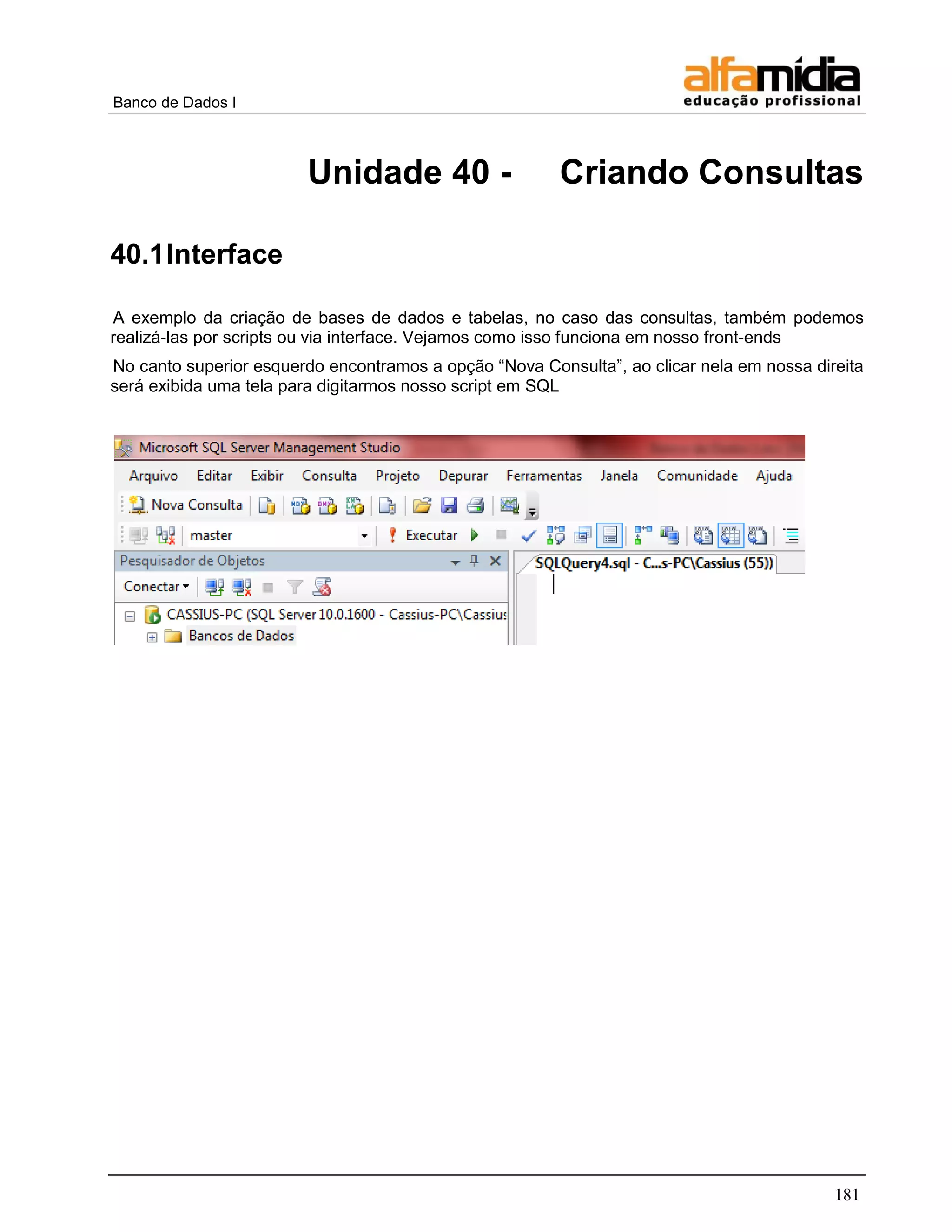 Banco de Dados I 
181 
Unidade 40 - Criando Consultas 
40.1 Interface 
A exemplo da criação de bases de dados e tabelas, no caso das consultas, também podemos realizá-las por scripts ou via interface. Vejamos como isso funciona em nosso front-ends 
No canto superior esquerdo encontramos a opção ―Nova Consulta‖, ao clicar nela em nossa direita será exibida uma tela para digitarmos nosso script em SQL 
 