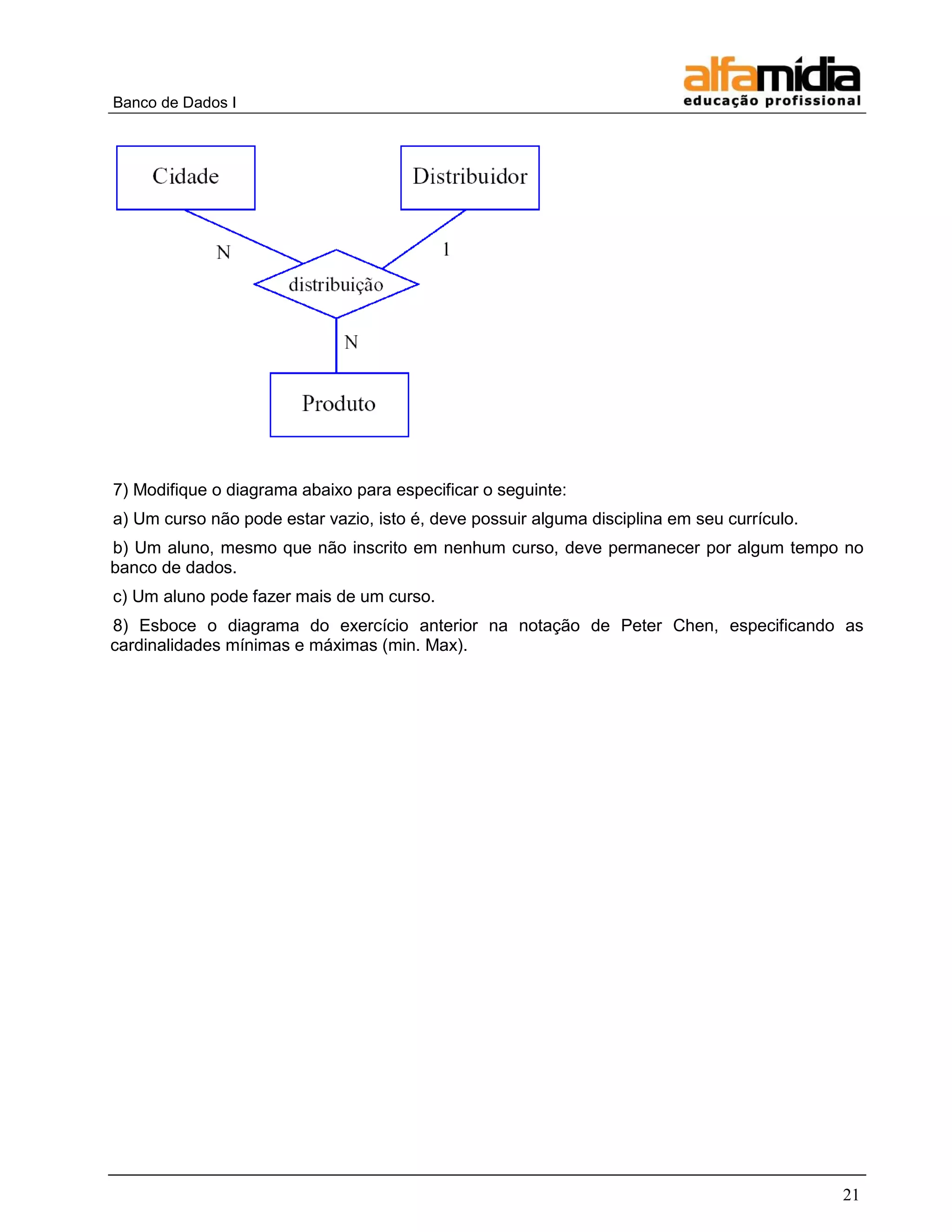 Banco de Dados I 
21 
7) Modifique o diagrama abaixo para especificar o seguinte: 
a) Um curso não pode estar vazio, isto é, deve possuir alguma disciplina em seu currículo. 
b) Um aluno, mesmo que não inscrito em nenhum curso, deve permanecer por algum tempo no banco de dados. 
c) Um aluno pode fazer mais de um curso. 
8) Esboce o diagrama do exercício anterior na notação de Peter Chen, especificando as cardinalidades mínimas e máximas (min. Max).  