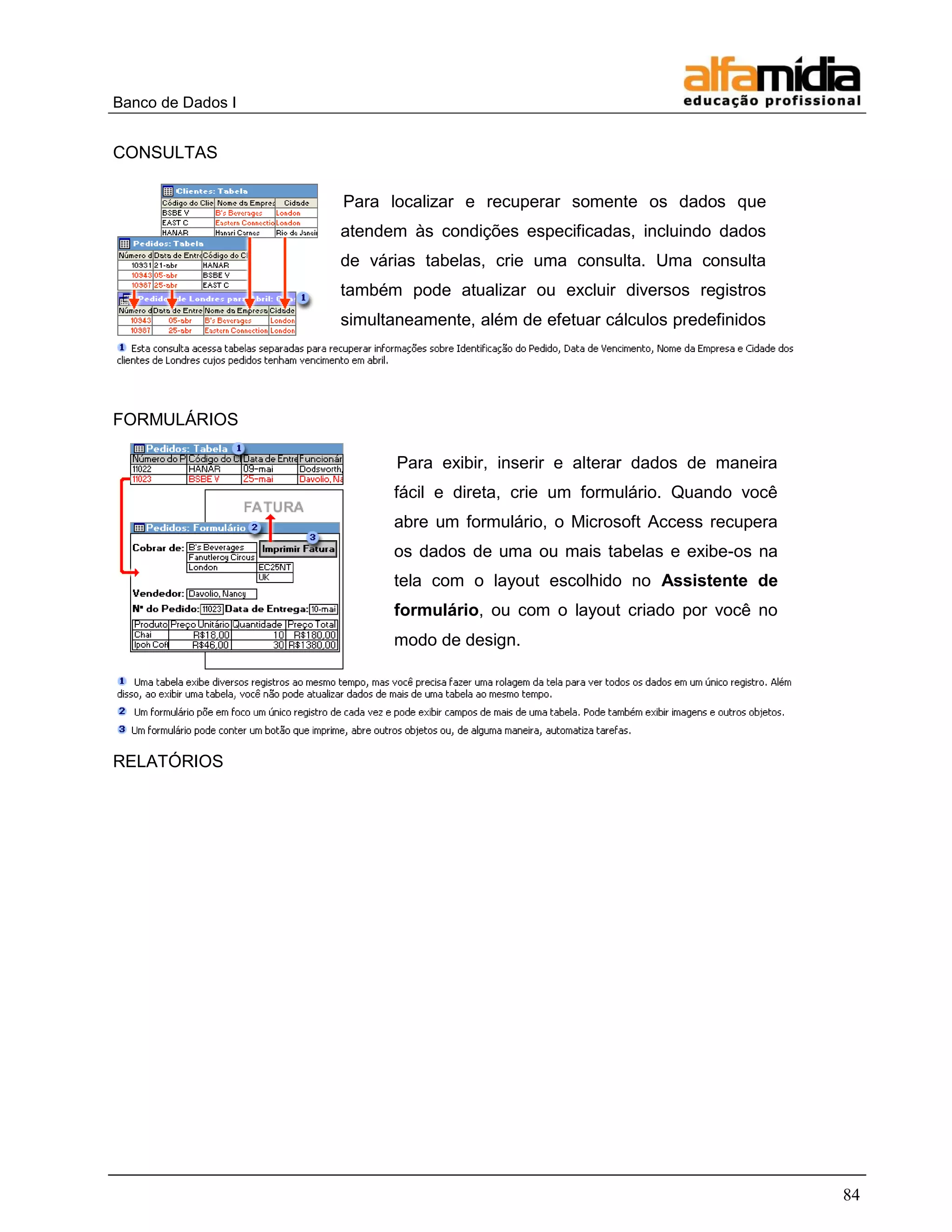 Banco de Dados I 
84 
CONSULTAS 
FORMULÁRIOS 
RELATÓRIOS 
Para exibir, inserir e alterar dados de maneira fácil e direta, crie um formulário. Quando você abre um formulário, o Microsoft Access recupera os dados de uma ou mais tabelas e exibe-os na tela com o layout escolhido no Assistente de formulário, ou com o layout criado por você no modo de design. 
Para localizar e recuperar somente os dados que atendem às condições especificadas, incluindo dados de várias tabelas, crie uma consulta. Uma consulta também pode atualizar ou excluir diversos registros simultaneamente, além de efetuar cálculos predefinidos ou personalizados em seus dados. 
 