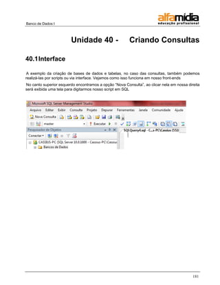 Banco de Dados I 
181 
Unidade 40 - Criando Consultas 
40.1 Interface 
A exemplo da criação de bases de dados e tabelas, no caso das consultas, também podemos realizá-las por scripts ou via interface. Vejamos como isso funciona em nosso front-ends 
No canto superior esquerdo encontramos a opção ―Nova Consulta‖, ao clicar nela em nossa direita será exibida uma tela para digitarmos nosso script em SQL 
 
