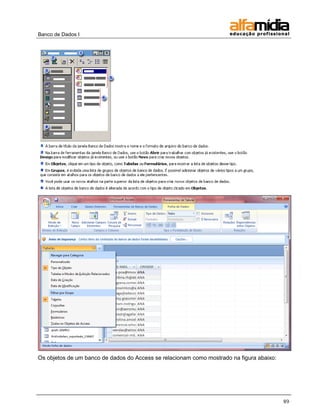 Banco de Dados I 
89 
Os objetos de um banco de dados do Access se relacionam como mostrado na figura abaixo:  