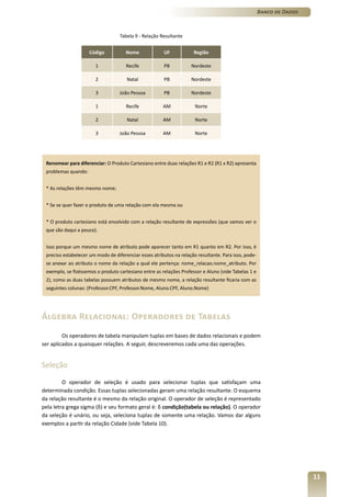 Banco de Dados



                                   Tabela 9 - Relação Resultante


                     Código           Nome             UF            Região

                        1             Recife           PB           Nordeste

                        2             Natal            PB           Nordeste

                        3          João Pessoa         PB           Nordeste

                        1             Recife           AM             Norte

                        2             Natal            AM             Norte

                        3          João Pessoa         AM             Norte




 Renomear para diferenciar: O Produto Cartesiano entre duas relações R1 e R2 (R1 x R2) apresenta
 problemas quando:


 * As relações têm mesmo nome;


 * Se se quer fazer o produto de uma relação com ela mesma ou


 * O produto cartesiano está envolvido com a relação resultante de expressões (que vamos ver o
 que são daqui a pouco).


 Isso porque um mesmo nome de atributo pode aparecer tanto em R1 quanto em R2. Por isso, é
 preciso estabelecer um modo de diferenciar esses atributos na relação resultante. Para isso, pode-
 se anexar ao atributo o nome da relação a qual ele pertença: nome_relacao.nome_atributo. Por
 exemplo, se fizéssemos o produto cartesiano entre as relações Professor e Aluno (vide Tabelas 1 e
 2), como as duas tabelas possuem atributos de mesmo nome, a relação resultante ficaria com as
 seguintes colunas: (Professor.CPF, Professor.Nome, Aluno.CPF, Aluno.Nome)




Álgebra Relacional: Operadores de Tabelas
         Os operadores de tabela manipulam tuplas em bases de dados relacionais e podem
ser aplicados a quaisquer relações. A seguir, descreveremos cada uma das operações.


Seleção

         O operador de seleção é usado para selecionar tuplas que satisfaçam uma
determinada condição. Essas tuplas selecionadas geram uma relação resultante. O esquema
da relação resultante é o mesmo da relação original. O operador de seleção é representado
pela letra grega sigma (δ) e seu formato geral é: δ condição(tabela ou relação). O operador
da seleção é unário, ou seja, seleciona tuplas de somente uma relação. Vamos dar alguns
exemplos a partir da relação Cidade (vide Tabela 10).




                                                                                                                       11
 
