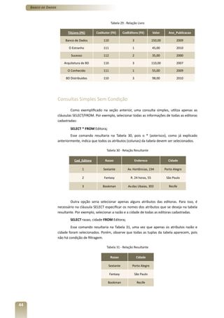 Banco de Dados



                                                         Tabela 29 - Relação Livro

                            TitLivro (PK)      CodAutor (FK)       CodEditora (FK)        Valor      Ano_Publicacao

                          Banco de Dados           110                   3                150,00           2009

                             O Estranho            111                   1                45,00            2010

                              Sucesso              112                   2                35,00            2000

                          Arquitetura de BD        110                   3                110,00           2007

                            O Conhecido            111                   1                55,00            2009

                           BD Distribuídos         110                   3                98,00            2010




                      Consultas Simples Sem Condição

                              Como exemplificado na seção anterior, uma consulta simples, utiliza apenas as
                      cláusulas SELECT/FROM. Por exemplo, selecionar todas as informações de todas as editoras
                      cadastradas:

                              SELECT * FROM Editora;
                              Esse comando resultaria na Tabela 30, pois o * (asterisco), como já explicado
                      anteriormente, indica que todos os atributos (colunas) da tabela devem ser selecionados.

                                                     Tabela 30 - Relação Resultante

                                 Cod_Editora        Razao                    Endereco                Cidade

                                        1          Sextante           Av. Hortências, 234          Porto Alegre

                                        2           Fantasy             R. 24 horas, 55             São Paulo

                                        3          Bookman            Av.das Ubaias, 303              Recife



                              Outra opção seria selecionar apenas alguns atributos das editoras. Para isso, é
                      necessário na cláusula SELECT especificar os nomes dos atributos que se deseja na tabela
                      resultante. Por exemplo, selecionar a razão e a cidade de todas as editoras cadastradas.
                              SELECT razao, cidade FROM Editora;
                              Esse comando resultaria na Tabela 31, uma vez que apenas os atributos razão e
                      cidade foram selecionados. Porém, observe que todas as tuplas da tabela aparecem, pois
                      não há condição de filtragem.

                                                     Tabela 31 - Relação Resultante

                                                         Razao                Cidade

                                                       Sextante          Porto Alegre

                                                         Fantasy           São Paulo

                                                       Bookman                Recife




44
 
