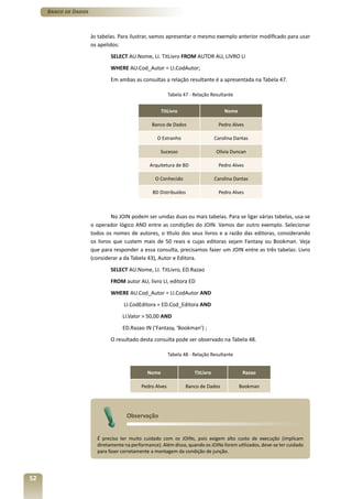 Banco de Dados



                      às tabelas. Para ilustrar, vamos apresentar o mesmo exemplo anterior modificado para usar
                      os apelidos:
                              SELECT AU.Nome, LI. TitLivro FROM AUTOR AU, LIVRO LI
                              WHERE AU.Cod_Autor = LI.CodAutor;
                              Em ambas as consultas a relação resultante é a apresentada na Tabela 47.

                                                          Tabela 47 - Relação Resultante


                                                     TitLivro                        Nome

                                                Banco de Dados                    Pedro Alves

                                                   O Estranho                    Carolina Dantas

                                                    Sucesso                      Olívia Duncan

                                               Arquitetura de BD                  Pedro Alves

                                                  O Conhecido                    Carolina Dantas

                                                 BD Distribuídos                  Pedro Alves



                               No JOIN podem ser unidas duas ou mais tabelas. Para se ligar várias tabelas, usa-se
                      o operador lógico AND entre as condições do JOIN. Vamos dar outro exemplo. Selecionar
                      todos os nomes de autores, o título dos seus livros e a razão das editoras, considerando
                      os livros que custem mais de 50 reais e cujas editoras sejam Fantasy ou Bookman. Veja
                      que para responder a essa consulta, precisamos fazer um JOIN entre as três tabelas: Livro
                      (considerar a da Tabela 43), Autor e Editora.
                              SELECT AU.Nome, LI. TitLivro, ED.Razao
                              FROM autor AU, livro LI, editora ED
                              WHERE AU.Cod_Autor = LI.CodAutor AND
                                    LI.CodEditora = ED.Cod_Editora AND
                                   LI.Valor > 50,00 AND
                                   ED.Razao IN (‘Fantasy, ‘Bookman’) ;
                              O resultado desta consulta pode ser observado na Tabela 48.

                                                          Tabela 48 - Relação Resultante


                                              Nome                    TitLivro               Razao

                                            Pedro Alves           Banco de Dados            Bookman




                                     Observação


                        É preciso ter muito cuidado com os JOINs, pois exigem alto custo de execução (implicam
                        diretamente na performance). Além disso, quando os JOINs forem utilizados, deve-se ter cuidado
                        para fazer corretamente a montagem da condição de junção.




52
 