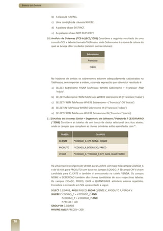 Banco de Dados



                         b) A cláusula HAVING.
                         c) Uma condição da cláusula WHERE.
                         d) A palavra-chave DISTINCT.
                         e) As palavras-chave NOT DUPLICATE
                      10) Analista de Sistemas /TCE-AL/FCC/2008) Considere o seguinte resultado de uma
                          consulta SQL a tabela chamada TabPessoa, onde Sobrenome é o nome da coluna da
                          qual se deseja obter os dados (existem outras colunas):

                                                        Sobrenome

                                                        Francisco

                                                          Inácio



                         Na hipótese de ambos os sobrenomes estarem adequadamente cadastrados na
                         TabPessoa, sem importar a ordem, a correta expressão que obtém tal resultado é:
                         a) SELECT Sobrenome FROM TabPessoa WHERE Sobrenome = ‘Francisco’ AND
                            ‘Inácio’
                         b) SELECT Sobrenome FROM TabPessoa WHERE Sobrenome IN (‘Francisco’,’Inácio’)
                         c) SELECT FROM TabPessoa WHERE Sobrenome = (‘Francisco’ OR ‘Inácio’)
                         d) SELECT IN TabPessoa WHERE Sobrenome IN (‘Francisco’,’Inácio’)
                         e) SELECT FROM TabPessoa WHERE Sobrenome IN (‘Francisco’,’Inácio’)
                      11) (Analista de Sistemas Júnior – Engenharia de Software / Petrobrás / CESGRANRIO
                          / 2008) Considere as tabelas de um banco de dados relacional descritas abaixo,
                          onde os campos que compõem as chaves primárias estão assinalados com *.

                                 TABELA                            CAMPOS

                                CLIENTE      *CODIGO_C, CPF, NOME, CIDADE

                                PRODUTO      *CODIGO_P, DESCRICAO, PRECO

                                VENDA        *CODIGO_C, *CODIGO_P, CPF, DATA, QUANTIDADE



                         Há uma chave estrangeira de VENDA para CLIENTE com base nos campos CODIGO_C
                         e de VENDA para PRODUTO com base nos campos CODIGO_P. O campo CPF é chave
                         candidata para CLIENTE e também é armazenado na tabela VENDA. Os campos
                         NOME e DESCRICAO também são chaves candidatas de suas respectivas tabelas.
                         Os campos CIDADE, PRECO, DATA e QUANTIDADE admitem valores repetidos.
                         Considere o comando em SQL apresentado a seguir.
                         SELECT C.CIDADE, AVG(P.PRECO) FROM CLIENTE C, PRODUTO P, VENDA V
                         WHERE C.CODIGO_C = V.CODIGO_C AND
                                  P.CODIGO_P = V.CODIGO_P AND
                                  P.PRECO > 100
                         GROUP BY C.CIDADE
                         HAVING AVG(P.PRECO) < 200



70
 