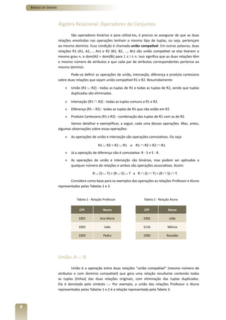 Banco de Dados



                     Álgebra Relacional: Operadores de Conjuntos

                             São operadores binários e para utilizá-los, é preciso se assegurar de que as duas
                     relações envolvidas nas operações tenham o mesmo tipo de tuplas, ou seja, pertençam
                     ao mesmo domínio. Essa condição é chamada união compatível. Em outras palavras, duas
                     relações R1 (A1, A2,..., An) e R2 (B1, B2, ..., Bn) são união compatível se elas tiverem o
                     mesmo grau n, e dom(Ai) = dom(Bi) para 1 ≤ i ≤ n. Isso significa que as duas relações têm
                     o mesmo número de atributos e que cada par de atributos correspondentes pertence ao
                     mesmo domínio.
                             Pode-se definir as operações de união, interseção, diferença e produto cartesiano
                     sobre duas relações que sejam união compatível R1 e R2. Resumidamente:

                         »   União (R1 ∪ R2) - todas as tuplas de R1 e todas as tuplas de R2, sendo que tuplas
                             duplicadas são eliminadas.

                         »   Interseção (R1 ∩ R2) - todas as tuplas comuns a R1 e R2.
                         »   Diferença (R1 – R2) - todas as tuplas de R1 que não estão em R2.
                         »   Produto Cartesiano (R1 x R2) - combinação das tuplas de R1 com as de R2.
                            Vamos detalhar e exemplificar, a seguir, cada uma dessas operações. Mas, antes,
                     algumas observações sobre essas operações:

                         »   As operações de união e interseção são operações comutativas. Ou seja:

                                               R1 ∪ R2 = R2 ∪ R1 e R1 ∩ R2 = R2 ∩ R1.
                         »   Já a operação de diferença não é comutativa: R - S ≠ S - R.
                         »   As operações de união e interseção são binárias, mas podem ser aplicadas a
                             qualquer número de relações e ambas são operações associativas. Assim:

                                           R ∪ (S ∪ T) = (R ∪ S) ∪ T e R ∩ (S ∩ T) = (R ∩ S) ∩ T.
                             Considere como base para os exemplos das operações as relações Professor e Aluno
                     representadas pelas Tabelas 1 e 2.


                                Tabela 1 - Relação Professor                 Tabela 2 - Relação Aluno


                                  CPF              Nome                      CPF              Nome

                                  1001          Ana Maria                    1002             João

                                  1002             João                      1116            Mércia

                                  1003             Pedro                     1900            Ronaldo




                     União: A ∪ B

                             União é a operação entre duas relações “união compatível” (mesmo número de
                     atributos e com domínio compatível) que gera uma relação resultante contendo todas
                     as tuplas (linhas) das duas relações originais, com eliminação das tuplas duplicadas.
                     Ela é denotada pelo símbolo ∪. Por exemplo, a união das relações Professor e Aluno
                     representadas pelas Tabelas 1 e 2 é a relação representada pela Tabela 3.



8
 