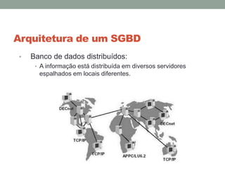 Arquitetura de um SGBD
• Banco de dados distribuídos:
• A informação está distribuída em diversos servidores
espalhados em locais diferentes.
 