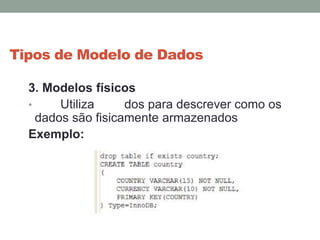 Tipos de Modelo de Dados
3. Modelos físicos
• Utiliza dos para descrever como os
dados são fisicamente armazenados
Exemplo:
 