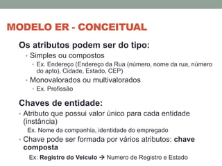 MODELO ER - CONCEITUAL
Os atributos podem ser do tipo:
• Simples ou compostos
• Ex. Endereço (Endereço da Rua (número, nome da rua, número
do apto), Cidade, Estado, CEP)
• Monovalorados ou multivalorados
• Ex. Profissão
Chaves de entidade:
• Atributo que possui valor único para cada entidade
(instância)
Ex. Nome da companhia, identidade do empregado
• Chave pode ser formada por vários atributos: chave
composta
Ex: Registro do Veiculo  Numero de Registro e Estado
 