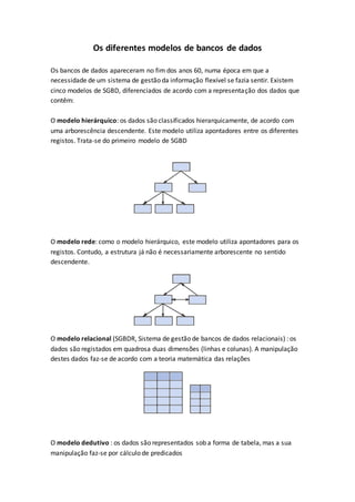 Os diferentes modelos de bancos de dados
Os bancos de dados apareceram no fim dos anos 60, numa época em que a
necessidade de um sistema de gestão da informação flexível se fazia sentir. Existem
cinco modelos de SGBD, diferenciados de acordo com a representação dos dados que
contêm:
O modelo hierárquico: os dados são classificados hierarquicamente, de acordo com
uma arborescência descendente. Este modelo utiliza apontadores entre os diferentes
registos. Trata-se do primeiro modelo de SGBD
O modelo rede: como o modelo hierárquico, este modelo utiliza apontadores para os
registos. Contudo, a estrutura já não é necessariamente arborescente no sentido
descendente.
O modelo relacional (SGBDR, Sistema de gestão de bancos de dados relacionais) : os
dados são registados em quadrosa duas dimensões (linhas e colunas). A manipulação
destes dados faz-se de acordo com a teoria matemática das relações
O modelo dedutivo : os dados são representados sob a forma de tabela, mas a sua
manipulação faz-se por cálculo de predicados
 