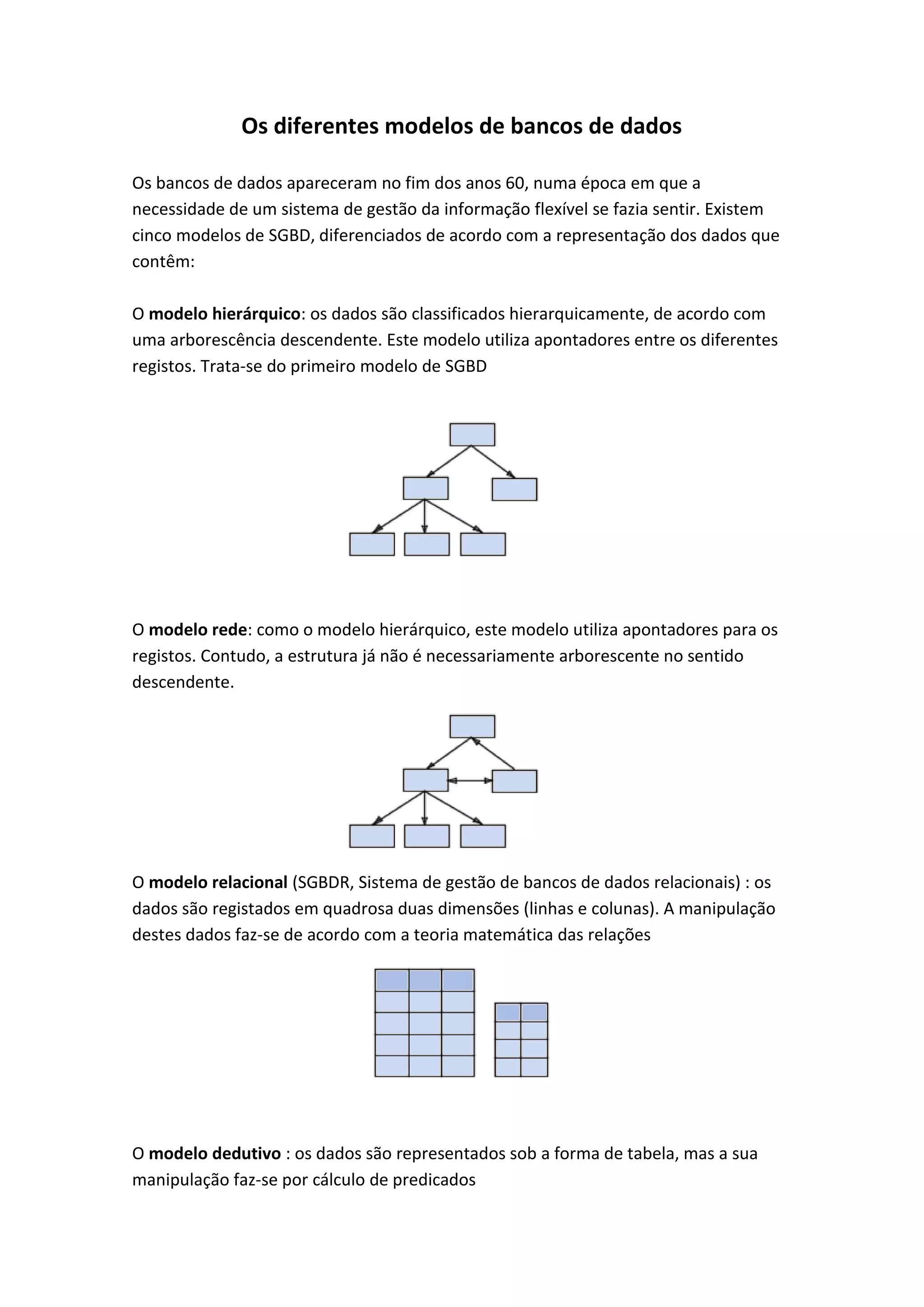 Os diferentes modelos de bancos de dados
Os bancos de dados apareceram no fim dos anos 60, numa época em que a
necessidade de um sistema de gestão da informação flexível se fazia sentir. Existem
cinco modelos de SGBD, diferenciados de acordo com a representação dos dados que
contêm:
O modelo hierárquico: os dados são classificados hierarquicamente, de acordo com
uma arborescência descendente. Este modelo utiliza apontadores entre os diferentes
registos. Trata-se do primeiro modelo de SGBD
O modelo rede: como o modelo hierárquico, este modelo utiliza apontadores para os
registos. Contudo, a estrutura já não é necessariamente arborescente no sentido
descendente.
O modelo relacional (SGBDR, Sistema de gestão de bancos de dados relacionais) : os
dados são registados em quadrosa duas dimensões (linhas e colunas). A manipulação
destes dados faz-se de acordo com a teoria matemática das relações
O modelo dedutivo : os dados são representados sob a forma de tabela, mas a sua
manipulação faz-se por cálculo de predicados
 