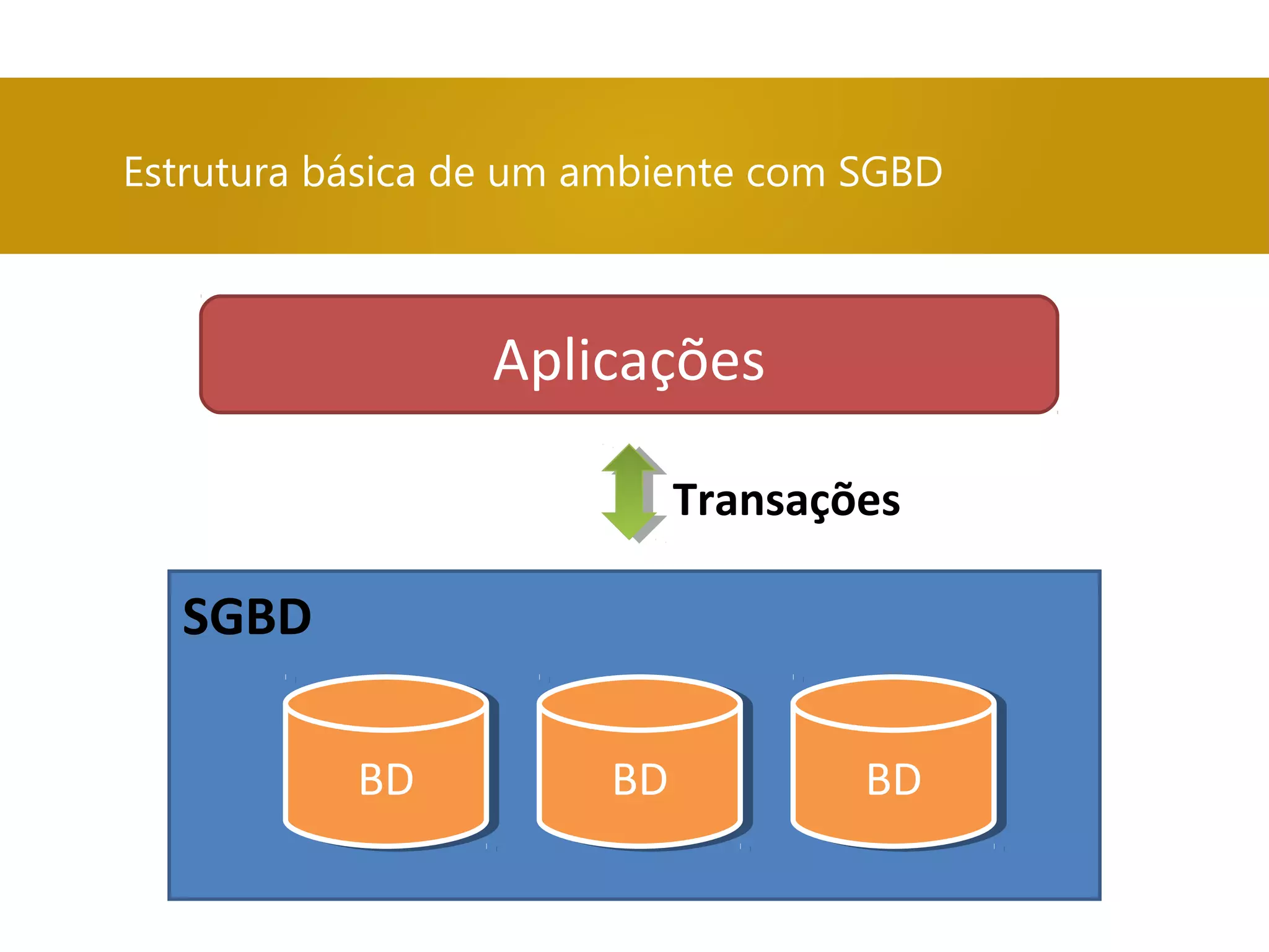 Estrutura básica de um ambiente com SGBD
Aplicações
BDBD BDBD BDBD
SGBD
Transações
 