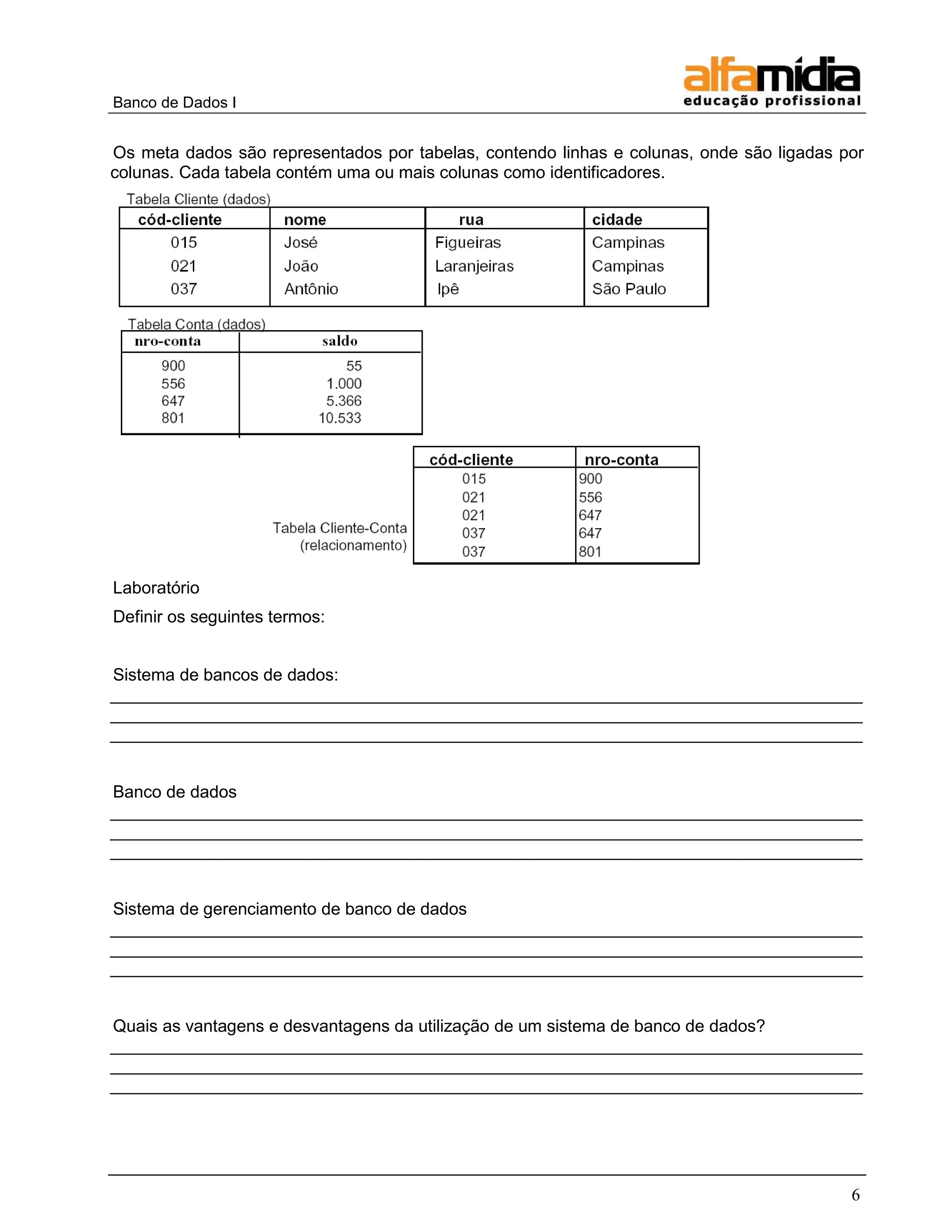 Banco de Dados I


Os meta dados são representados por tabelas, contendo linhas e colunas, onde são ligadas por
colunas. Cada tabela contém uma ou mais colunas como identificadores.




Laboratório
Definir os seguintes termos:


Sistema de bancos de dados:
_______________________________________________________________________________
_______________________________________________________________________________
_______________________________________________________________________________


Banco de dados
_______________________________________________________________________________
_______________________________________________________________________________
_______________________________________________________________________________


Sistema de gerenciamento de banco de dados
_______________________________________________________________________________
_______________________________________________________________________________
_______________________________________________________________________________


Quais as vantagens e desvantagens da utilização de um sistema de banco de dados?
_______________________________________________________________________________
_______________________________________________________________________________
_______________________________________________________________________________




                                                                                          6
 