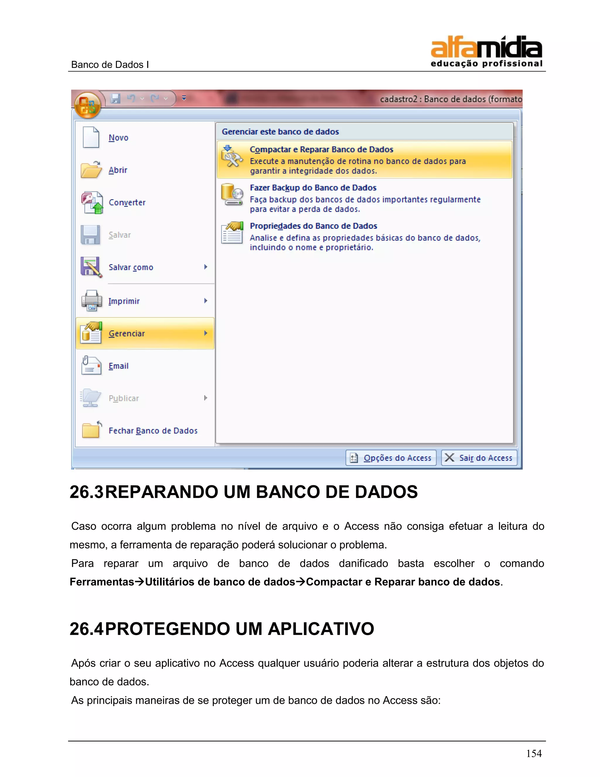 Banco de Dados I




26.3 REPARANDO UM BANCO DE DADOS
Caso ocorra algum problema no nível de arquivo e o Access não consiga efetuar a leitura do
mesmo, a ferramenta de reparação poderá solucionar o problema.
Para reparar um arquivo de banco de dados danificado basta escolher o comando
FerramentasUtilitários de banco de dadosCompactar e Reparar banco de dados.



26.4 PROTEGENDO UM APLICATIVO
Após criar o seu aplicativo no Access qualquer usuário poderia alterar a estrutura dos objetos do
banco de dados.
As principais maneiras de se proteger um de banco de dados no Access são:



                                                                                             154
 