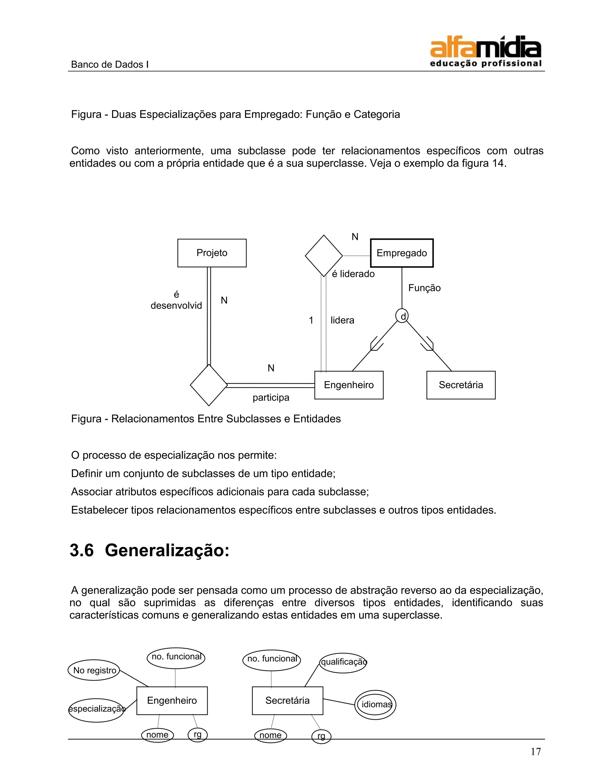 Banco de Dados I




Figura - Duas Especializações para Empregado: Função e Categoria


Como visto anteriormente, uma subclasse pode ter relacionamentos específicos com outras
entidades ou com a própria entidade que é a sua superclasse. Veja o exemplo da figura 14.




                                                                      N
                              Projeto                                         Empregado

                                                                 é liderado
                                                                                        Função
                        é
                                   N
                   desenvolvid
                      o por                             1        lidera             d




                                             N
                                                             Engenheiro                      Secretária
                                         participa

Figura - Relacionamentos Entre Subclasses e Entidades


O processo de especialização nos permite:
Definir um conjunto de subclasses de um tipo entidade;
Associar atributos específicos adicionais para cada subclasse;
Estabelecer tipos relacionamentos específicos entre subclasses e outros tipos entidades.


3.6 Generalização:

A generalização pode ser pensada como um processo de abstração reverso ao da especialização,
no qual são suprimidas as diferenças entre diversos tipos entidades, identificando suas
características comuns e generalizando estas entidades em uma superclasse.


                   no. funcional        no. funcional       qualificação
 No registro


                 Engenheiro                 Secretária                    idiomas
especialização

                 nome        rg            nome             rg
                                                                                                          17
 