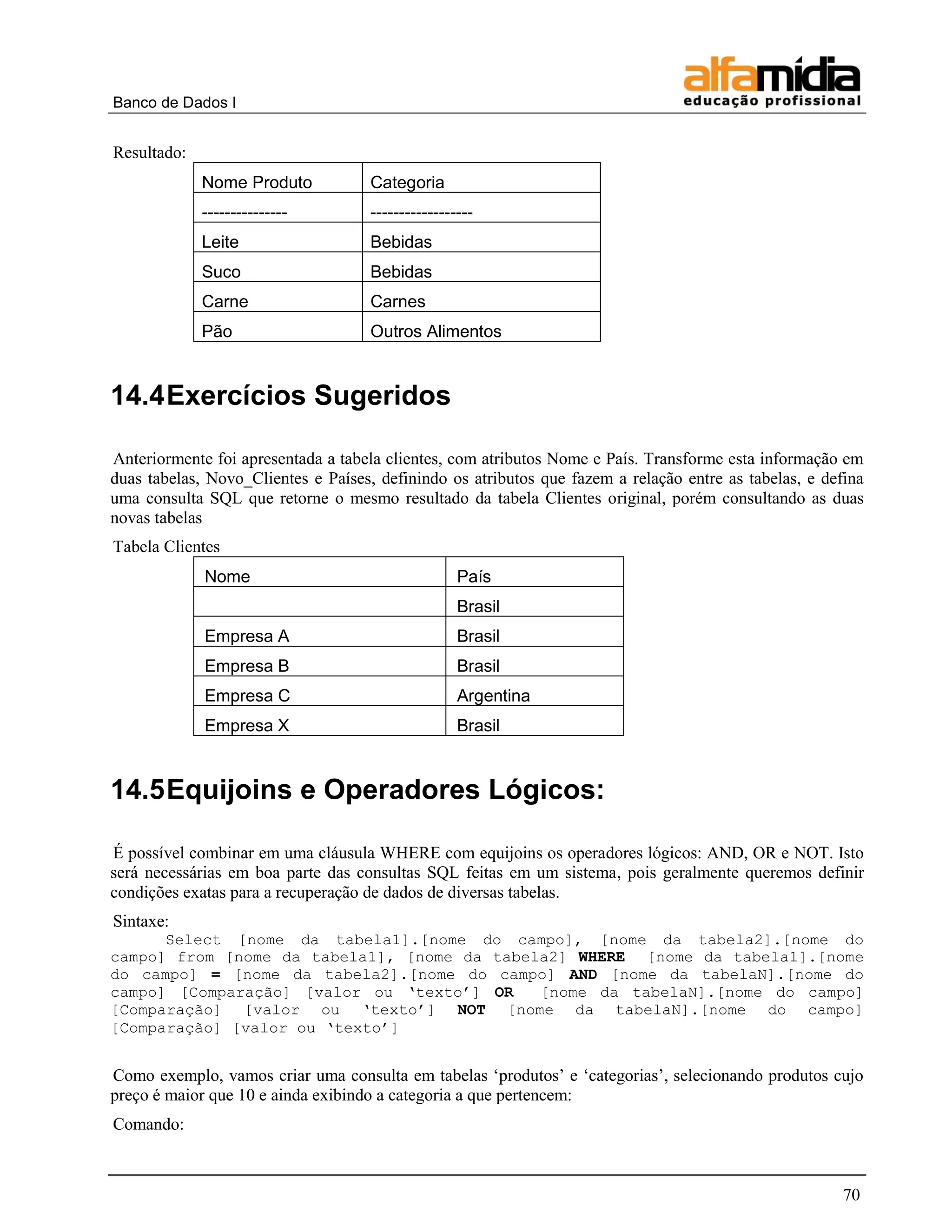 Banco de Dados I


Resultado:
             Nome Produto           Categoria
             ---------------        ------------------
             Leite                  Bebidas
             Suco                   Bebidas
             Carne                  Carnes
             Pão                    Outros Alimentos


14.4 Exercícios Sugeridos

Anteriormente foi apresentada a tabela clientes, com atributos Nome e País. Transforme esta informação em
duas tabelas, Novo_Clientes e Países, definindo os atributos que fazem a relação entre as tabelas, e defina
uma consulta SQL que retorne o mesmo resultado da tabela Clientes original, porém consultando as duas
novas tabelas
Tabela Clientes
             Nome                                  País
                                                   Brasil
             Empresa A                             Brasil
             Empresa B                             Brasil
             Empresa C                             Argentina
             Empresa X                             Brasil


14.5 Equijoins e Operadores Lógicos:

É possível combinar em uma cláusula WHERE com equijoins os operadores lógicos: AND, OR e NOT. Isto
será necessárias em boa parte das consultas SQL feitas em um sistema, pois geralmente queremos definir
condições exatas para a recuperação de dados de diversas tabelas.
Sintaxe:
      Select [nome da tabela1].[nome do campo], [nome da tabela2].[nome do
campo] from [nome da tabela1], [nome da tabela2] WHERE [nome da tabela1].[nome
do campo] = [nome da tabela2].[nome do campo] AND [nome da tabelaN].[nome do
campo] [Comparação] [valor ou „texto‟] OR    [nome da tabelaN].[nome do campo]
[Comparação] [valor ou „texto‟] NOT [nome da tabelaN].[nome do campo]
[Comparação] [valor ou „texto‟]


Como exemplo, vamos criar uma consulta em tabelas „produtos‟ e „categorias‟, selecionando produtos cujo
preço é maior que 10 e ainda exibindo a categoria a que pertencem:
Comando:



                                                                                                        70
 