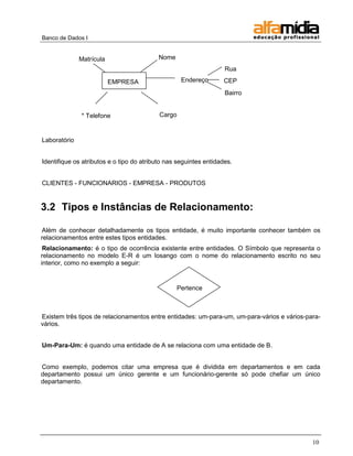 Banco de Dados I


              Matrícula                    Nome
                                                                   Rua

                          EMPRESA                  Endereço        CEP
                                                                   Bairro


              * Telefone                   Cargo


Laboratório


Identifique os atributos e o tipo do atributo nas seguintes entidades.


CLIENTES - FUNCIONARIOS - EMPRESA - PRODUTOS


3.2 Tipos e Instâncias de Relacionamento:

Além de conhecer detalhadamente os tipos entidade, é muito importante conhecer também os
relacionamentos entre estes tipos entidades.
 Relacionamento: é o tipo de ocorrência existente entre entidades. O Símbolo que representa o
relacionamento no modelo E-R é um losango com o nome do relacionamento escrito no seu
interior, como no exemplo a seguir:


                                                  Pertence



Existem três tipos de relacionamentos entre entidades: um-para-um, um-para-vários e vários-para-
vários.


Um-Para-Um: é quando uma entidade de A se relaciona com uma entidade de B.


Como exemplo, podemos citar uma empresa que é dividida em departamentos e em cada
departamento possui um único gerente e um funcionário-gerente só pode chefiar um único
departamento.




                                                                                             10
 